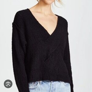 Free People Coco Front Twist V-Neck Sweater Size Medium Black Knit Cotton